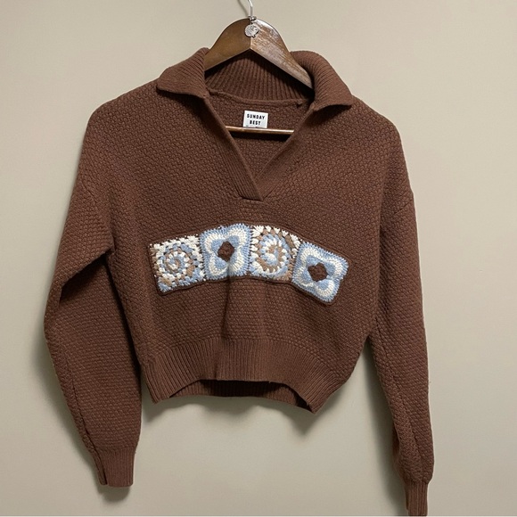 Aritzia Sunday Best Lottie Sweater Brown Wool Blend Crochet Squares Women’s 2XS - Picture 2 of 14